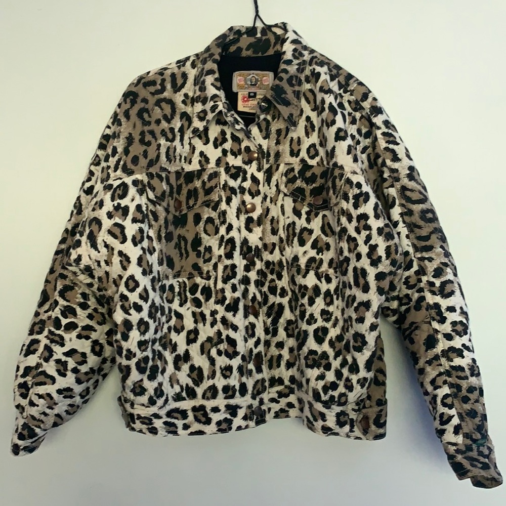 Vintage Gene Ewing BIS Wrinkled Rich Denim Quilted Leopard Print Coat Size Small